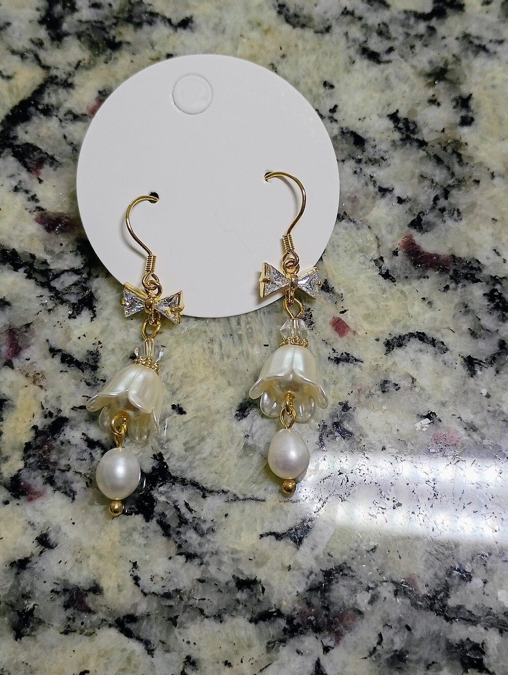 New Gold-Tone Pearl Floral Drop Earrings - Unbranded